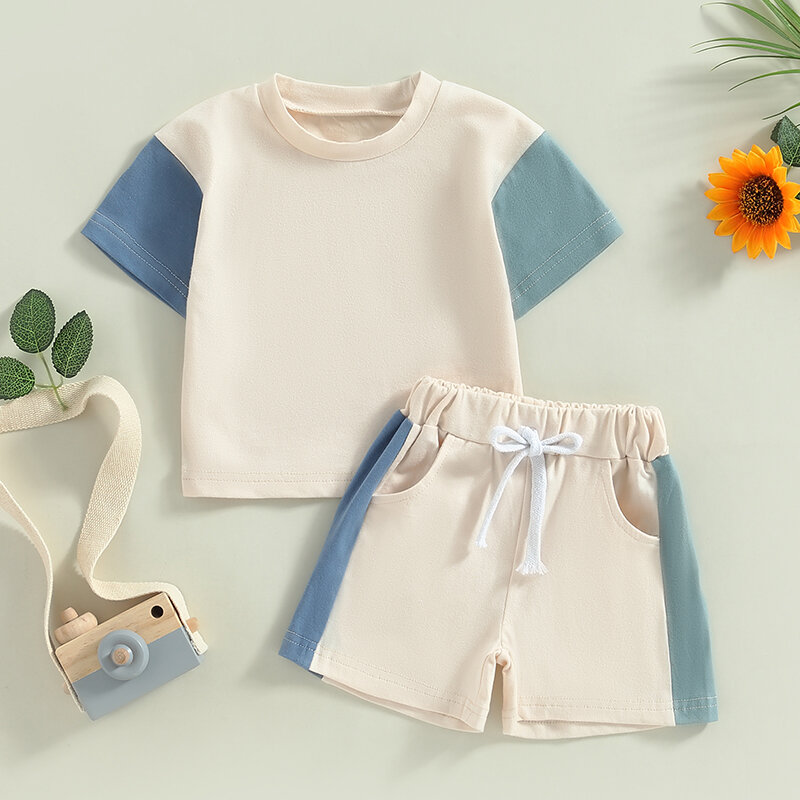 Conjunto de Tops e Shorts de cores contrastantes de bebê, roupas monocromáticas com cordão, roupas infantis, bebê menino, verão, 2 peças