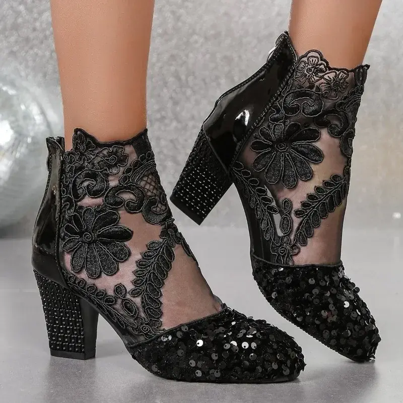 Женские ботинки на молнии, с острым носком и блестками