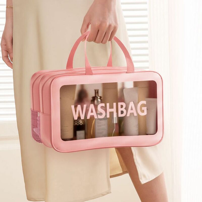 Bolsa de cosméticos de separación en seco y húmedo con letras, bolsa de lavado de viaje transparente impermeable con cremallera, malla hueca de gran capacidad