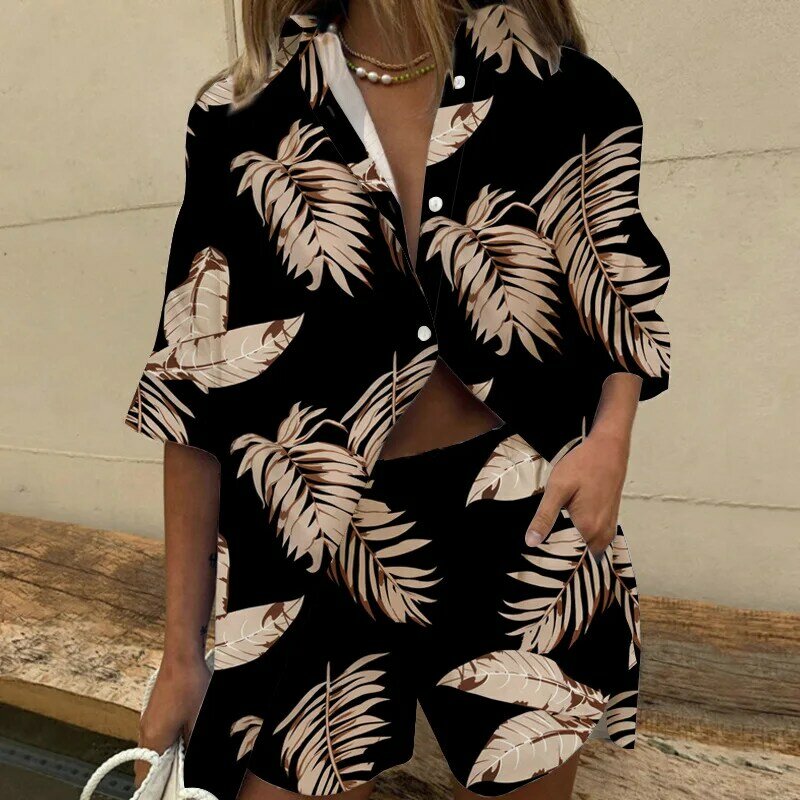 Summer Bearch Suit Women Leaf Printed Two Piece set Elegant casual Lapel Single Breasted Shirt Loose Pants Shorts outfit set
