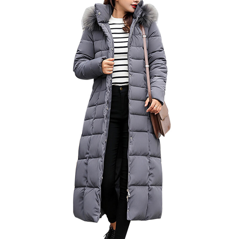 Women Long Coats Parka Winter Female Casual Solid Color Zipper Pocket Cotton Padded Warm Hooded Maxi Puffer Coat Jacket 6 Colors