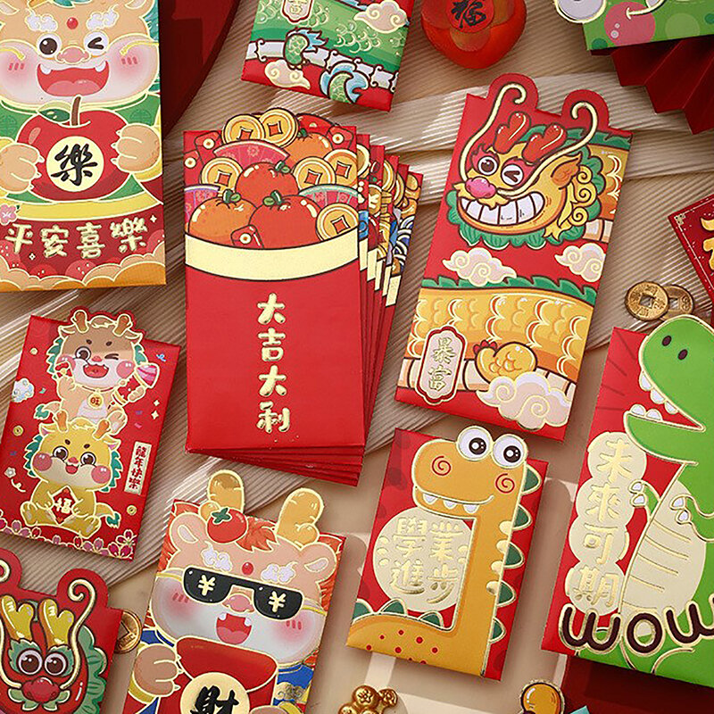 Envelope vermelho sortudo do ano dragão chinês, festival criativo da primavera, presente infantil, pacote de dinheiro, 6 peças, 2024