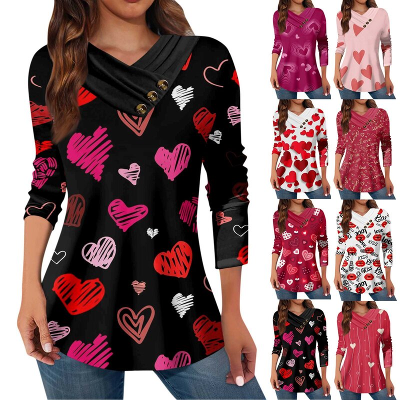 Women's Top Casual Button Collar Long Sleeve Shirt Valentine'S Day Print Fashion-Forward Matching Shirt High-Quality Shirt