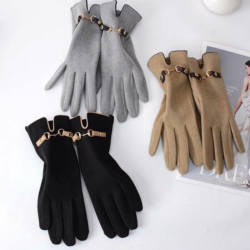Breathable Simple Elastic Chain Pure Color Five Fingers Driving Gloves Touch Screen Gloves German Velvet Mittens Female Gloves