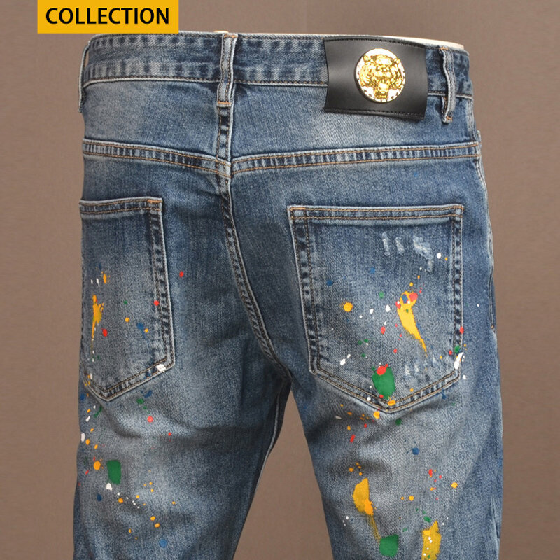 Pantalones vaqueros rasgados elásticos para Hombre, ropa de calle de moda, Retro, azul, pitillo, diseñador pintado, Hip Hop