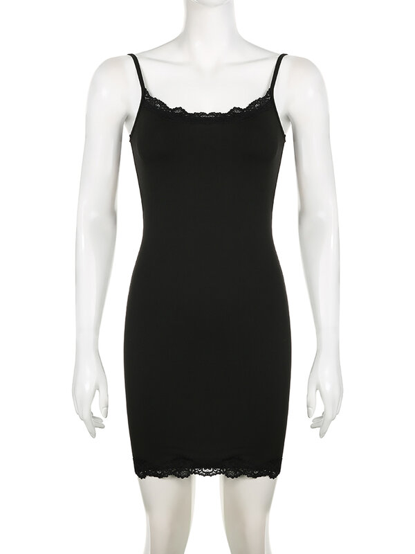 IAMSURE 섹시한 솔리드 레이스 트림 랩스커트 슬림 슬래시 넥 민소매 미니 드레스, 2024 여름 패션 스트리트웨어 레이디