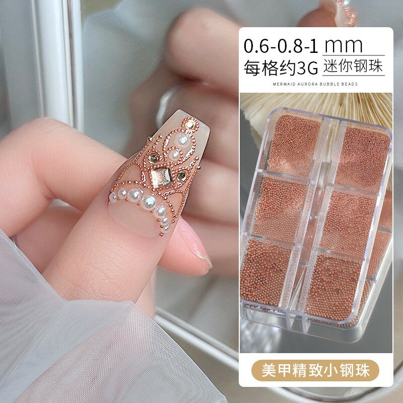 6 siatek do zdobienia paznokci malutkie stalowe koraliki kawiorowe 0.6-1mm mieszane rozmiary 3D wzór różowego złota srebrna biżuteria Manicure do dekoracji