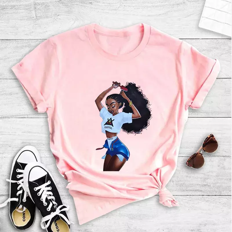 Camiseta gráfica de grandes dimensões feminina, 100% algodão, tops femininos, estampa de menina negra, camiseta gótica, roupas kawaii