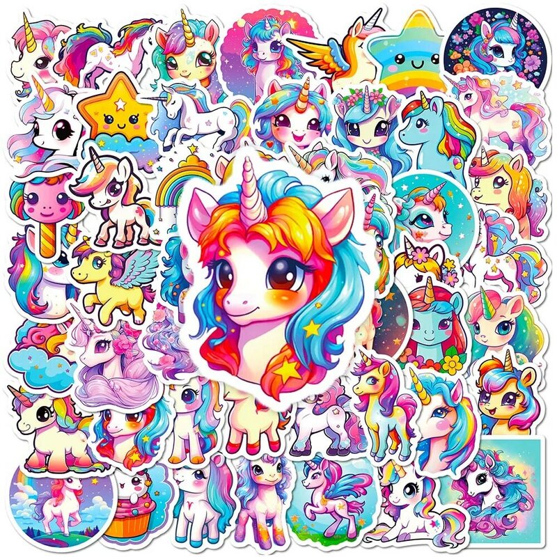 Cartoon Rainbow Unicorn Stickers Pack para crianças, Scrapbooking, laptop, viagem, bagagem, parede, carro, decoração, decalque, 10 pcs, 50pcs