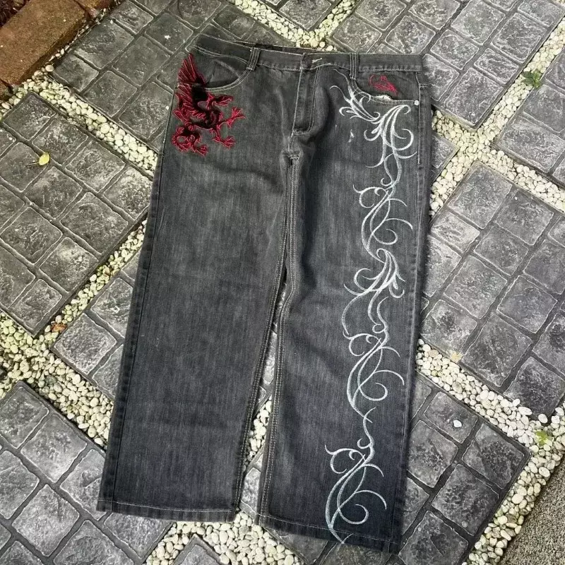 American Fashion Pattern Embroidered Hot Jeans Women Y2K New Street Hip Hop Vintage Straight Wide Leg Pants Unisex Denim Trouser