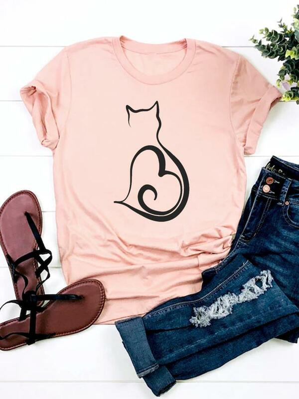 Impressão t camisa de manga curta roupas de verão roupas femininas gato preguiçoso engraçado dos desenhos animados moda gráfico camiseta básico
