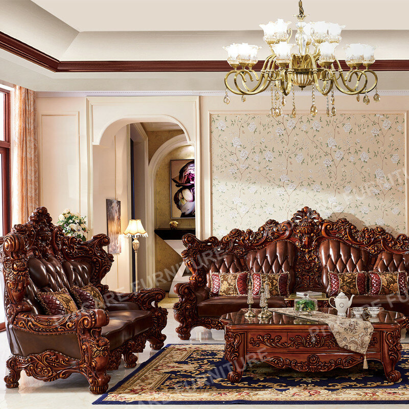 Domineering European handmade solid wood carved sofa luxury style genuine leather 1+2+4 sofa set