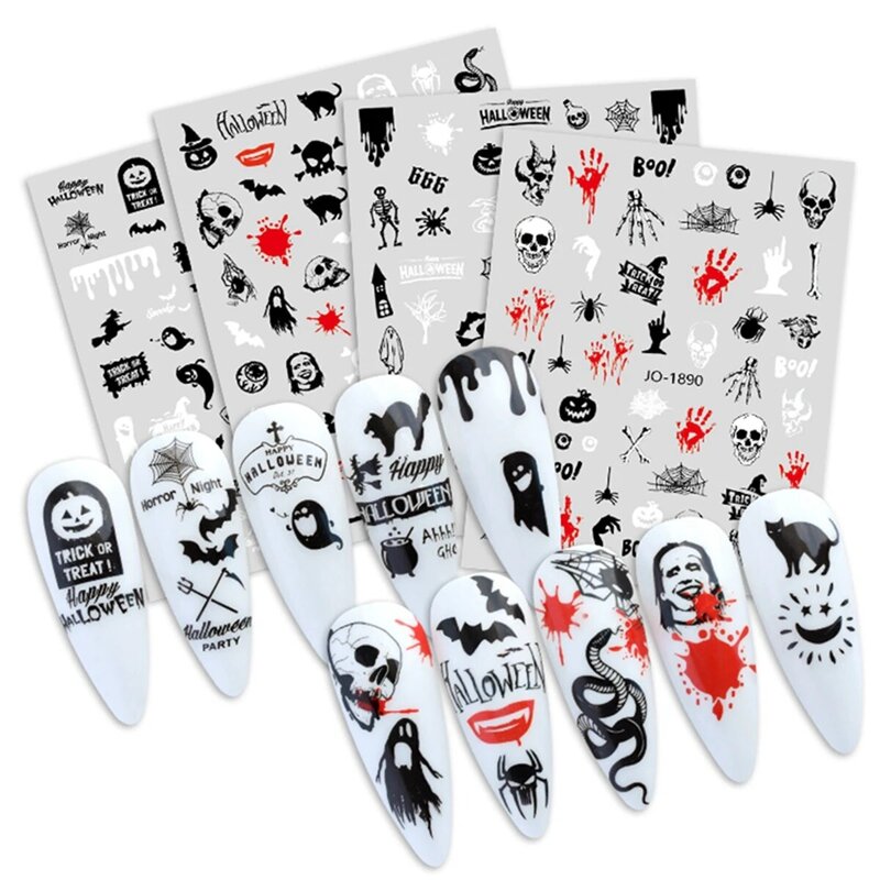 Наклейки для ногтей на Хэллоуин, Череп, тыква, летучая мышь, паук, Мультяшные смешные выражения, черные и белые декоративные наклейки для ногтей