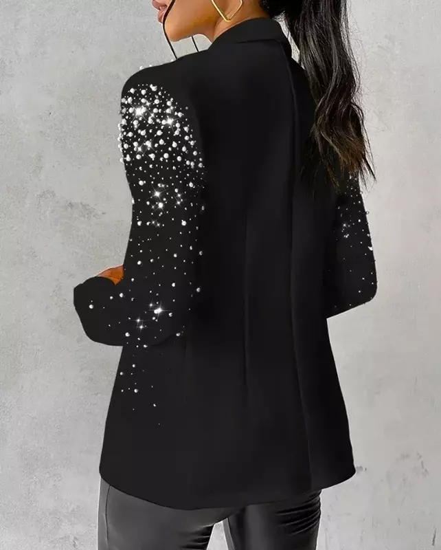 Blazer elegante con cuentas para mujer, chaqueta de manga larga con cuello de Chal, color liso, para trabajo y oficina, moda de otoño, novedad de 2024
