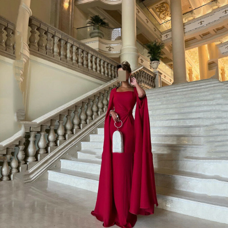 Aleeshuo Exquisite Red Evening Dresses Charming Satin Saudi Arabric Prom Dresses Square Collar Long Sleeve Floor Length 2024