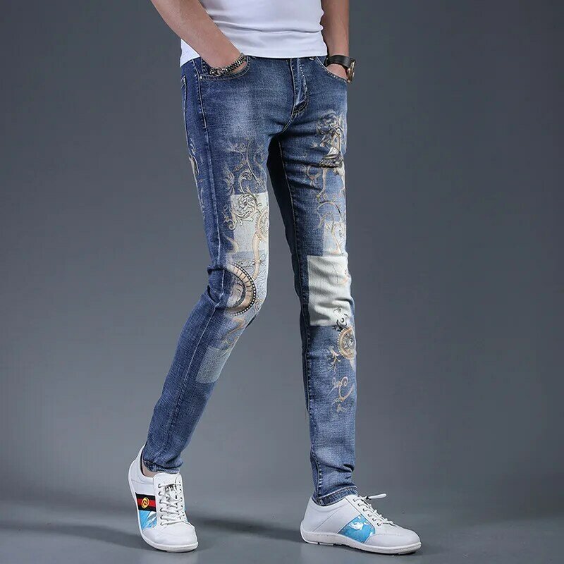 جينز مطبوع بقصة ضيقة للرجال ، ملابس جينز ، سراويل غير رسمية ، أقدام مرنة ، فاخرة ، عصرية ، جديدة ،