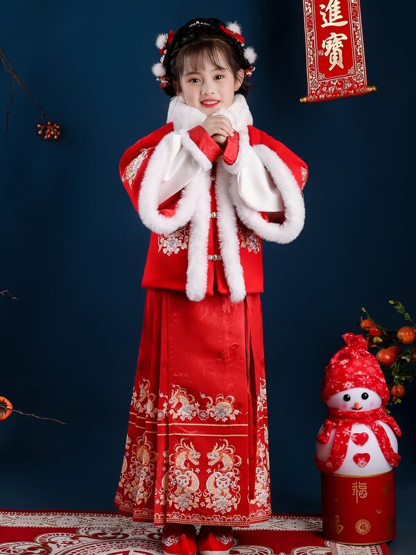 Hanfu ชุดเด็กผู้หญิงใบหน้าม้าชุดปีใหม่2023ฤดูใบไม้ร่วงและฤดูหนาว