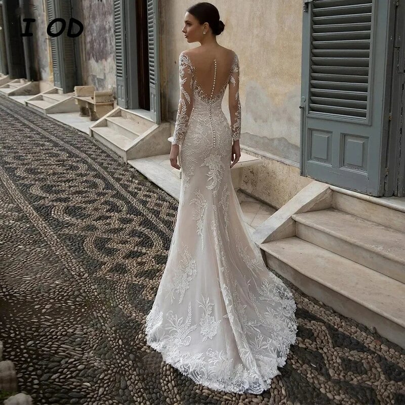 I OD Elegant Mermaid Wedding Dress O-Neck Appliques Illusion Button Tulle Bridal Gown Floor Length Vestidos De Novia Custom Made