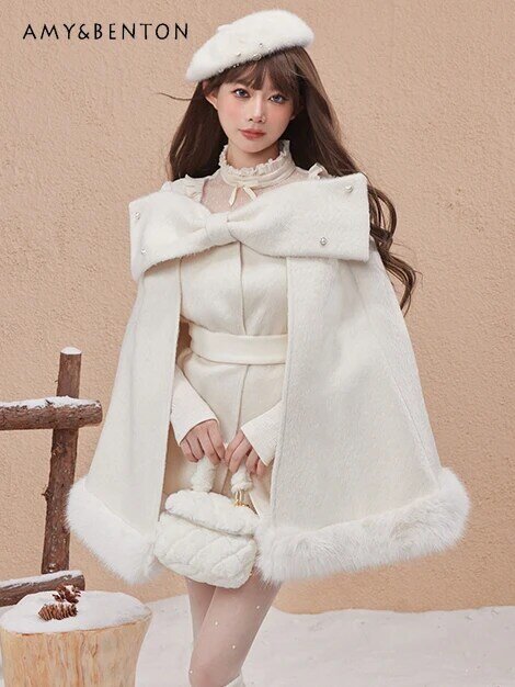 Capa de princesa elegante con lazo de gama alta para niña, abrigo de lana de estilo Preppy, costura de felpa Retro, grueso, ajustado, invierno, nuevo