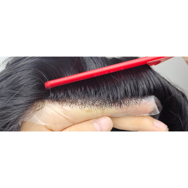0.1MM Durable Full Pu Base Knotted Skin European Human Hair Toupee Natural Hairline Men Capillary Prosthesis Male Hair System