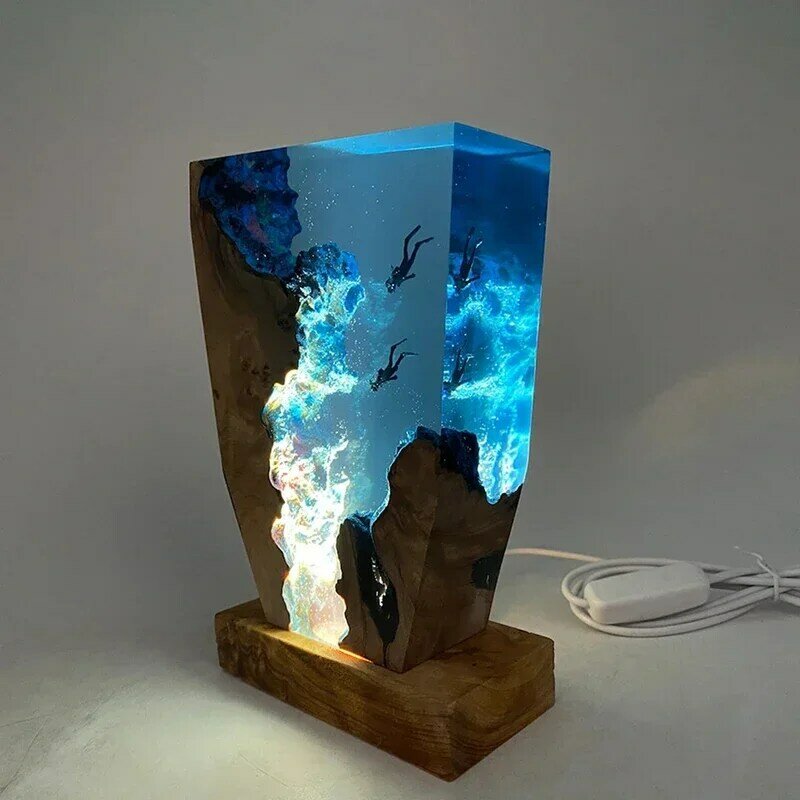 Lámpara de decoración de arte creactivo, luz de mesa de resina de organismo del mundo marino, cueva de buceo, exploración temática, luz nocturna, carga USB, caliente