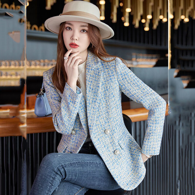 Women Fashion Tweed Double Breasted Blazer Coat autumn Vintage Flap Pockets Female Outerwear Chic Long Sleeve Casual Office Tops