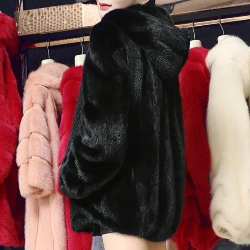 Casaco de pele do falso feminino meados de comprimento em linha reta pele de raposa vison camisola com capuz camisola 2022 novo grosso quente jaqueta feminina inverno