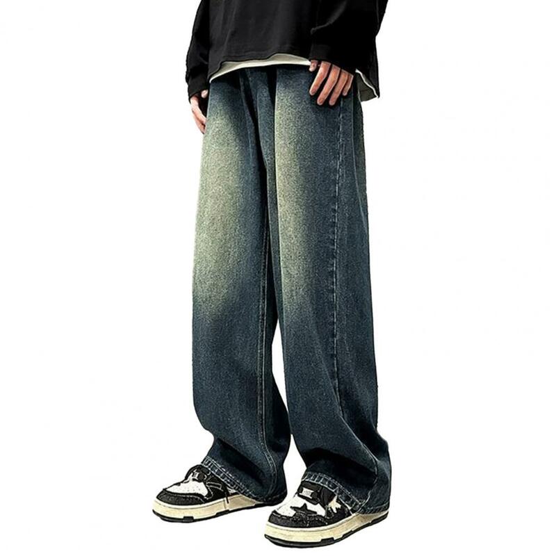 Jeansy męskie Retro sprany niebieski Retro Hip Hop męskie jeansy z kontrastem gradientu szerokie kieszenie na nogawki stylowe jeansy dla Streetwear