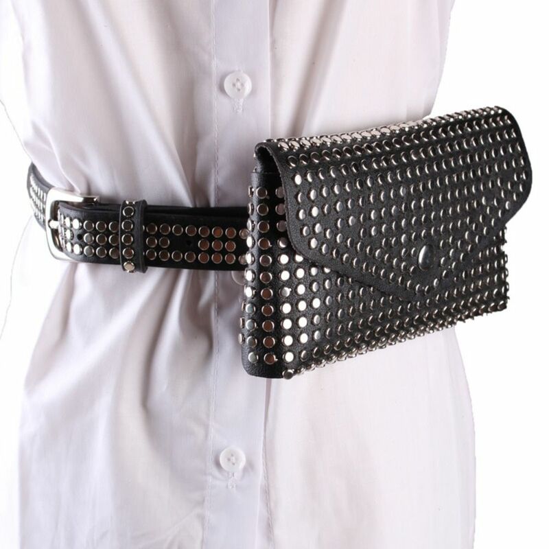 Bolso de cinturón negro con remache de cuero PU para teléfono móvil para mujer, decoración de Cinturón fino, estilo Punk, cintura pequeña