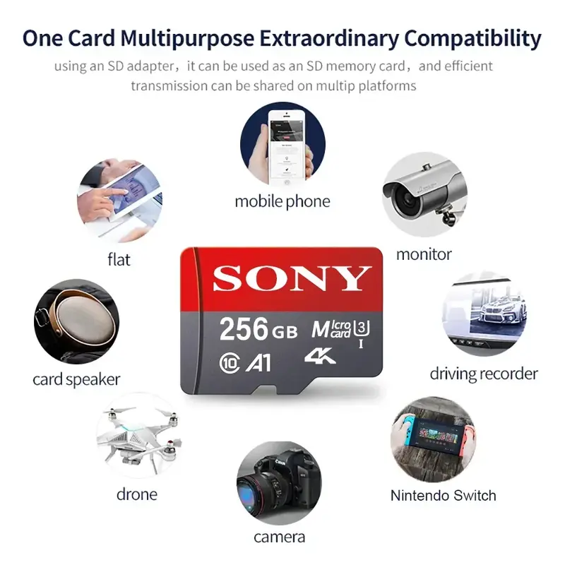 SONY-Mini Cartão de Memória de Alta Velocidade, Cartão Micro SD, Classe 10, Memória Flash TF, Mecard C10, 32GB, 64GB, 128GB, 256GB, U3, 4K