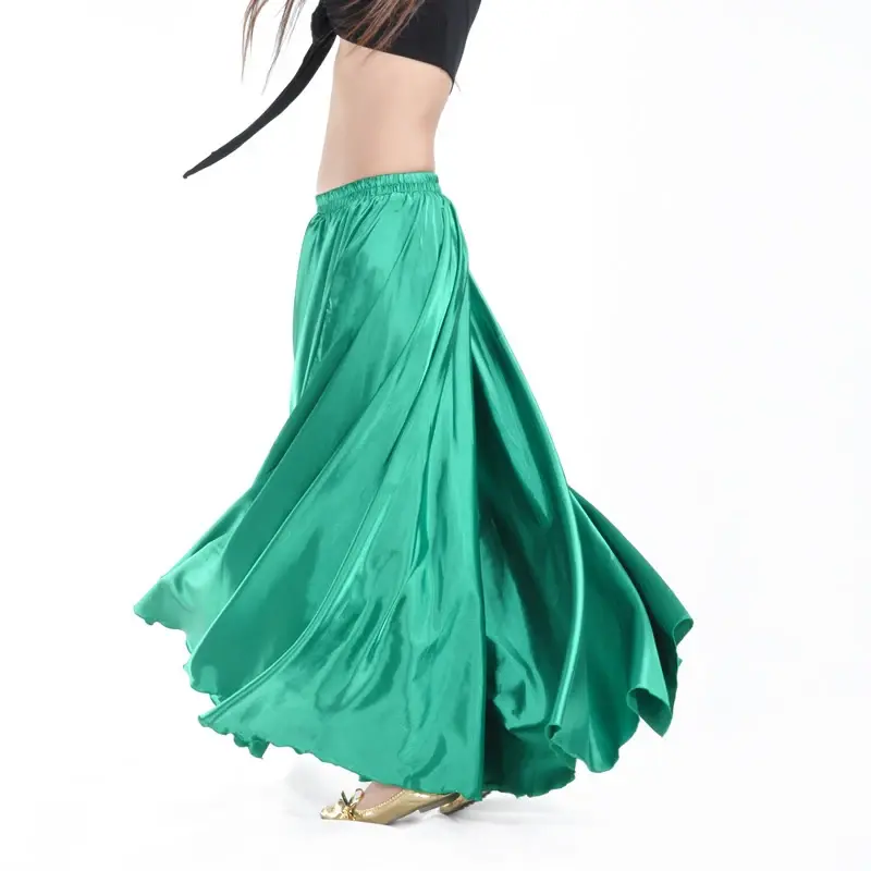腹ダンスのためのスイングダンススカート、光沢のあるサテン、長いスペインのスカート、14色利用可能、VL-310