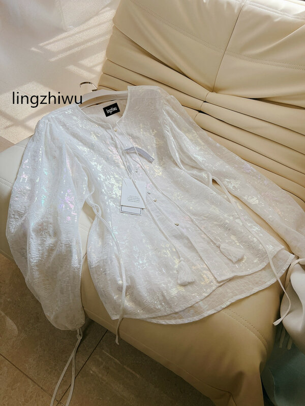 lingzhiwu White Blouse 2024 Spring French Designer Loose Long Sleeve Top Ladies Sequins Shirt Female New Arrive