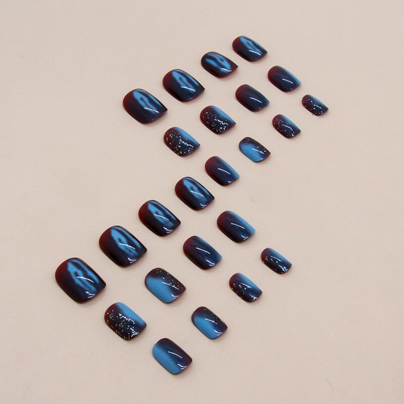 Mitternachts blaues Quadrat drücken auf Nägel kurze glänzende künstliche Nägel mit Katzenauge Designs volle Abdeckung falscher Acryl nagel wieder verwendbarer Stick on