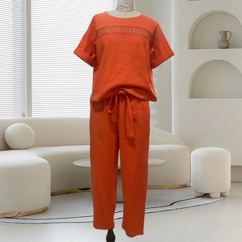 Einfarbige T-Shirt-Hosen Set elegante Schnür-Taille Damen Top-Hosen mit hohlen O-Ausschnitt Taschen lässig atmungsaktiv für eine