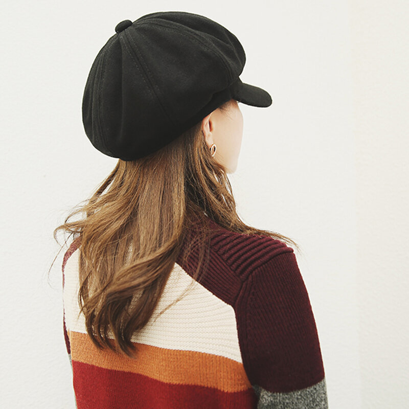 Boina octogonal de lã feminina, chapéu de jornaleiro, boné de pintor, macio, vintage, outono, inverno
