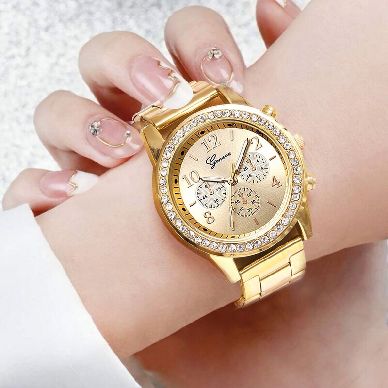6 szt. Komplet luksusowy zegarek damski pierścionek kolczyki z kryształkami modny zegarek damski Casual damski zegarki z zegarem zestaw bransoletek
