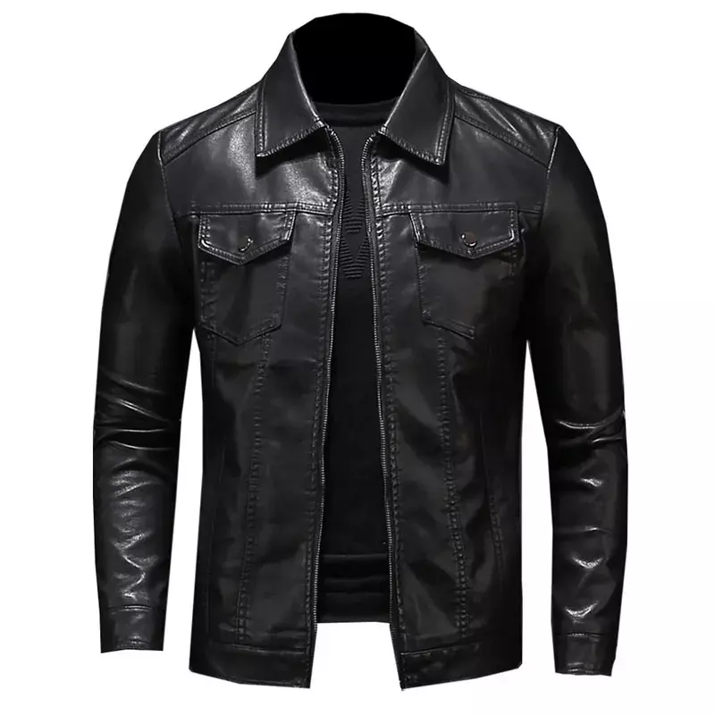 Męska kurtka skóra motocyklowa duży rozmiar kieszeni czarny zamek błyskawiczny klapa Slim Fit męska wiosna i jesień wysokiej jakości płaszcz ze skóry Pu M-5Xl