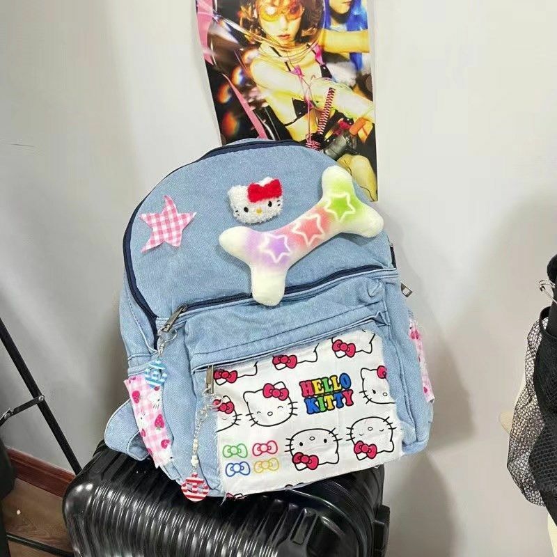 MBTI Y2k женский рюкзак Hello Kitty оригинальный джинсовый винтажный лоскутный милый повседневный рюкзак Harajuku женские Новые эстетические сумки
