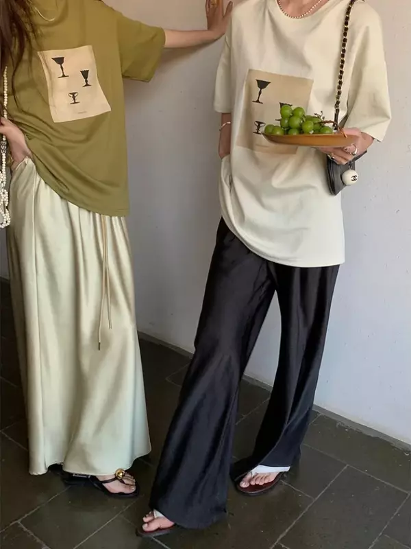 Pantaloni a gamba larga in raso Deeptown pantaloni Beige eleganti da donna Casual larghi stile coreano estate 2024 pantaloni neri da ufficio femminili