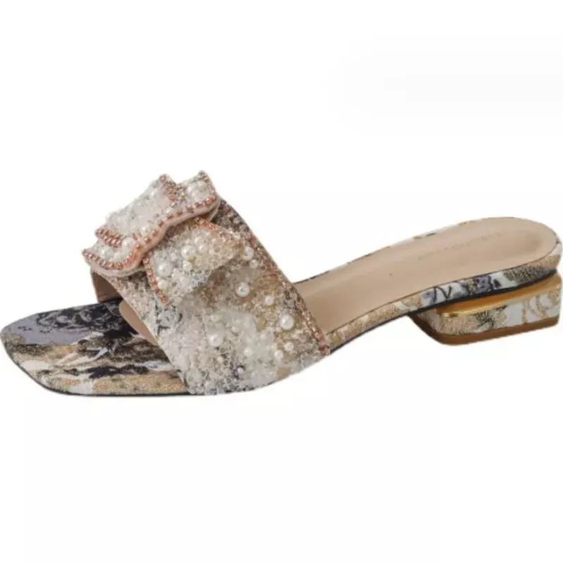 2024 New Chunky Heel Fashion Flat Ladies Rhinestone Slippers Women's Shoes Comfort Summer Peep Toe Woman Shoes Zapatos Mujer