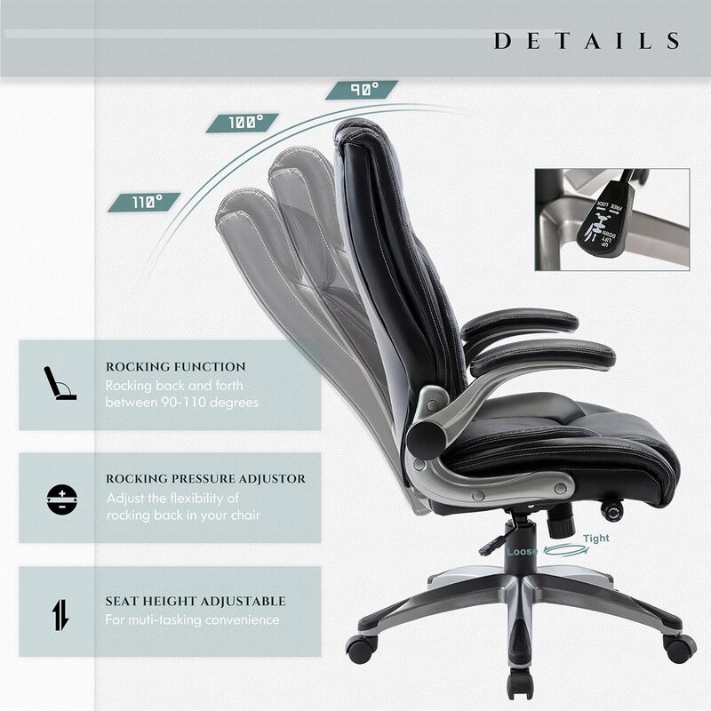 Silla de oficina ejecutiva de espalda alta, sillón ergonómico de cuero para escritorio de ordenador en casa con brazos abatibles acolchados