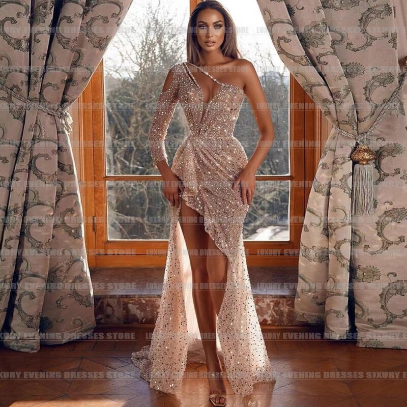 Luksusowa suknia wieczorowa z jednym ramieniem seksowna syrenka z wysokim rozciętem Elegantes suknie na bal maturalny formalne przedsionki Fiesta 2024