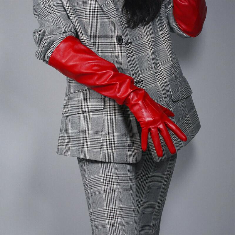 Czerwone rękawiczki Unisex z bufiaste rękawy szeroki duży wielkości łokcia długi ze sztucznej skóry zimowy strój na bożonarodzeniowa rękawica ślubny