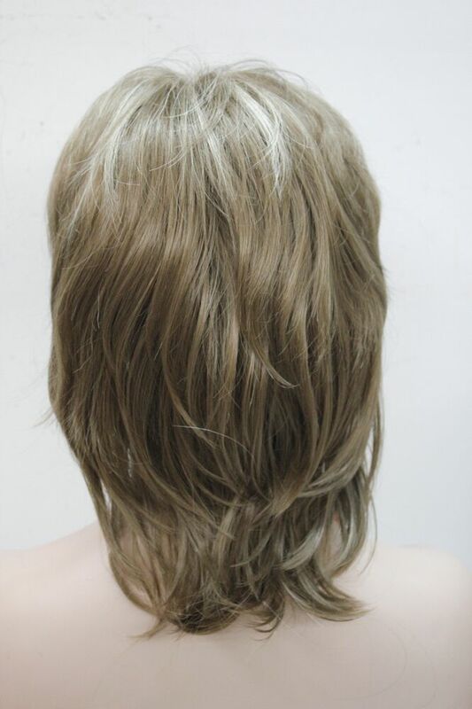 Wig penuh sintetis panjang medium dengan sorot pirang berlapis 15 "panjang medium cokelat muda