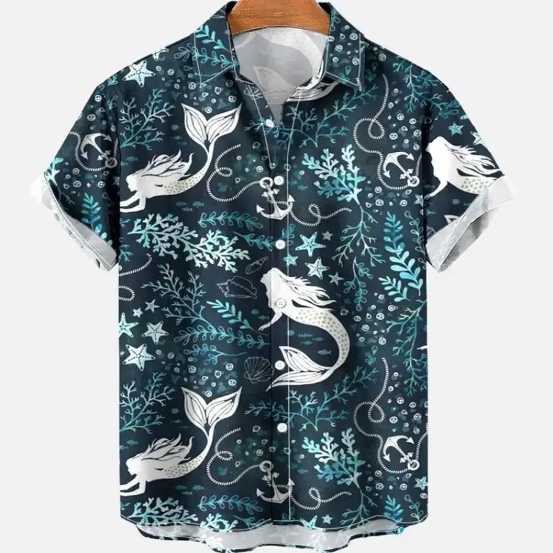 Camisa casual manga curta masculina, figura de férias, moda social, camisa floral, elegante roupa vintage, Havaí, verão, 2024