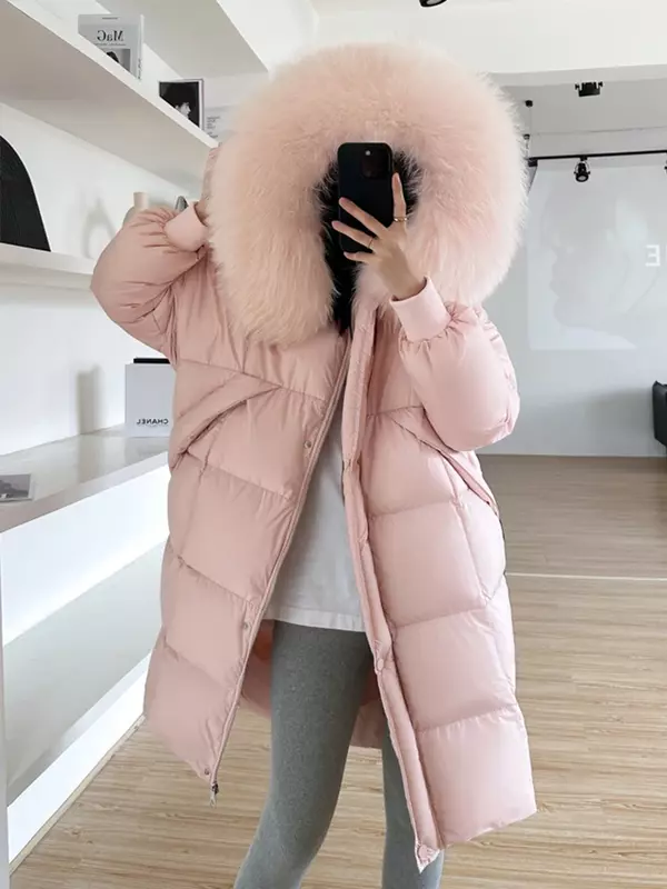 New Winter Women Warm White Goose Down Jacket Real Natural Fox Fur Collar Long Coat Thick Luxury Outerwear Female Streetwear