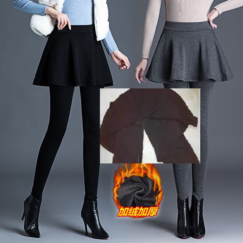 双頭invisible zipperフィールドデート女性の綿ベルベットパッド入りレギンス外側摩耗偽ツーピースプリーツスカート