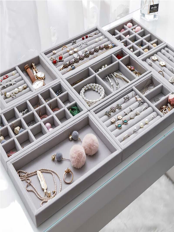 Organizador de joyas de terciopelo, bandeja de almacenamiento para anillos, pulseras y collares, cajón de escaparate