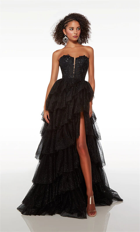 제시카 블랙 레이스 자수 무도회 드레스, 반짝이 얇은 명주 그물 레이어링 무도회 원피스, 격식 있는 파티 드레스