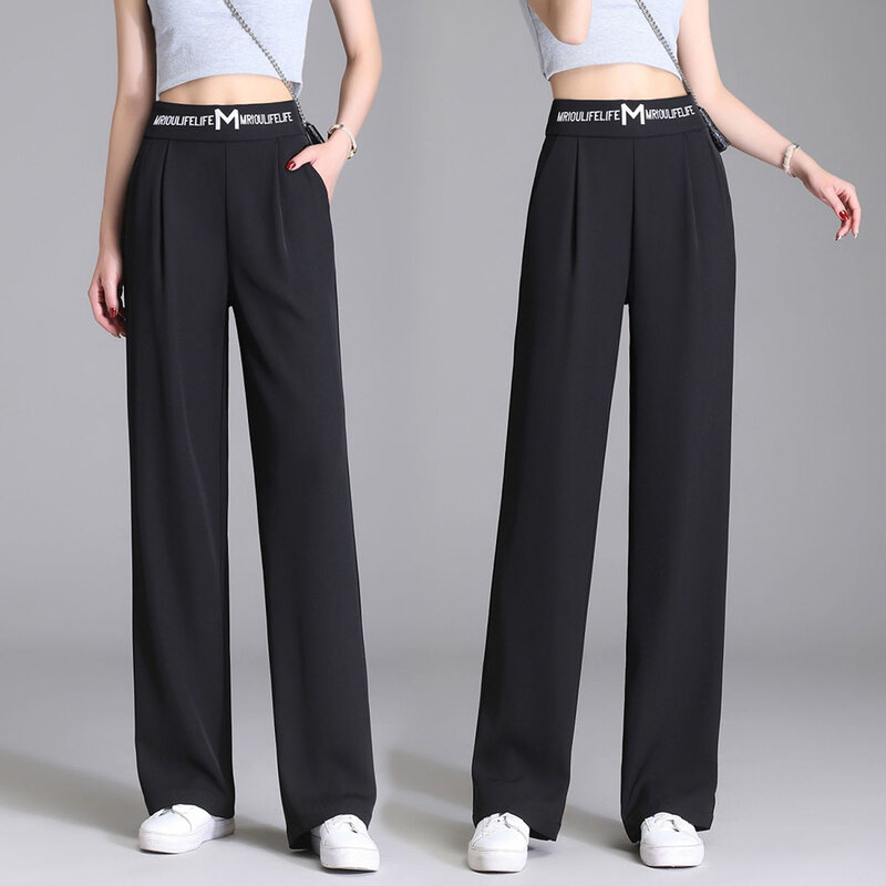 Pantalones largos informales para mujer, pantalón holgado de oficina, de cintura alta, Color liso, Color negro, gris y caqui